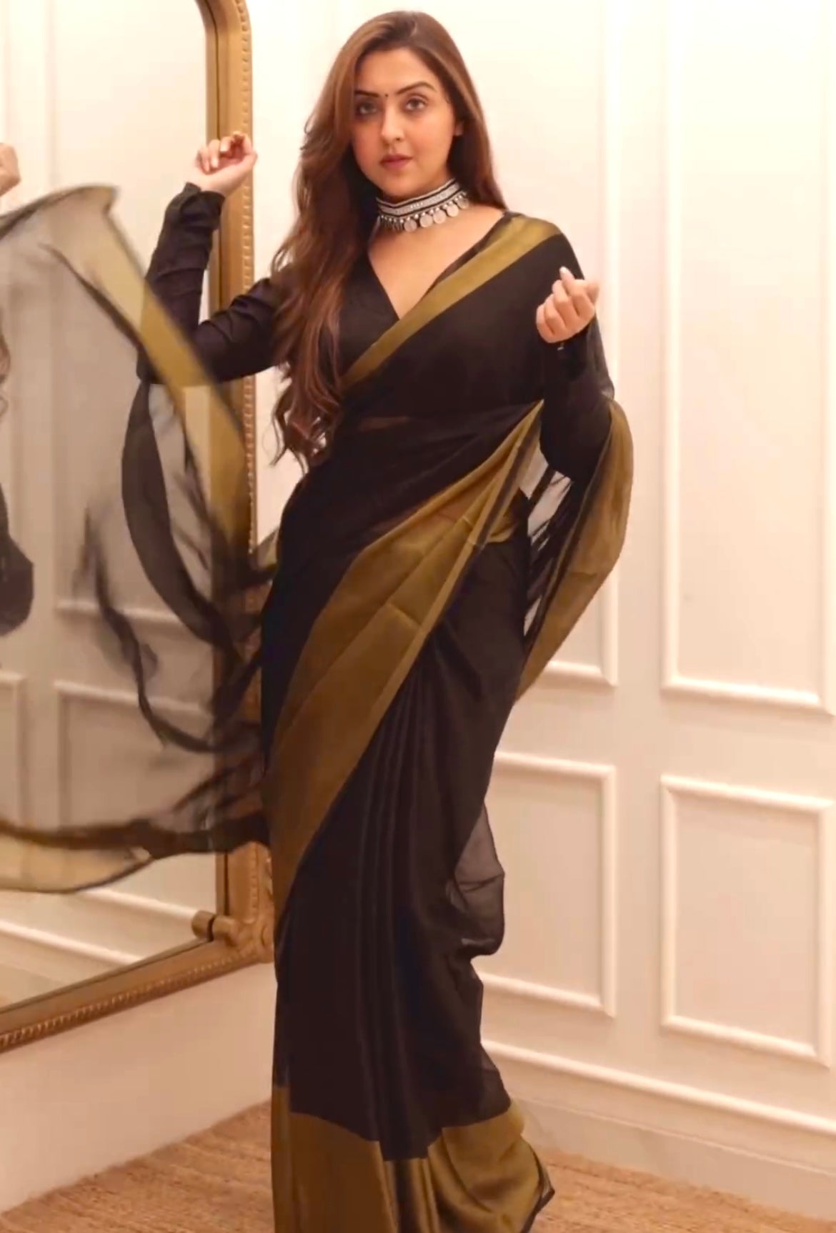 1 Minutes Ready to Wear Chiffon Gold Zari Patta Trending Saree