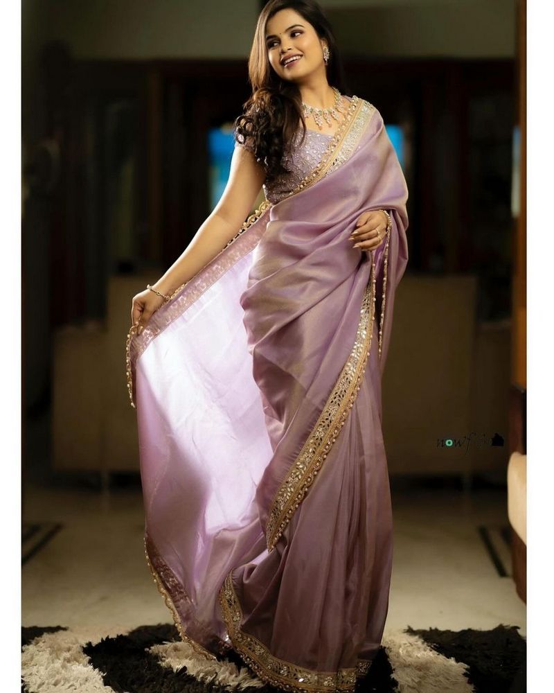 Attractive Lavender Tissue Silk Party Wear Saree with Beautiful Lace