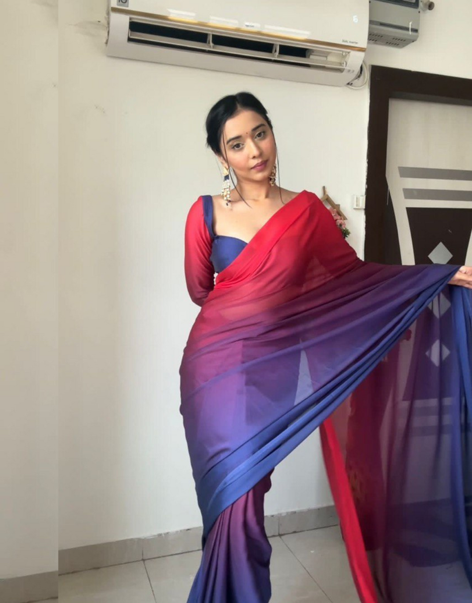 1-Minute Ready To Wear Saree Pink And Blue Alia Inspired – Naari Style